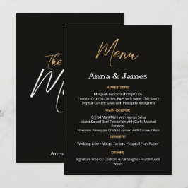 Cartão de Menu de Casamento Preto e Dourado Elegan