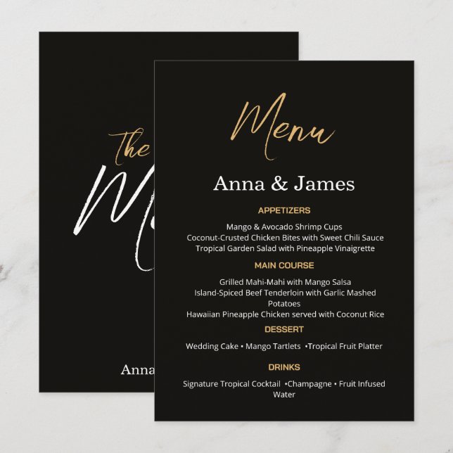 Cartão de Menu de Casamento Preto e Dourado Elegan (Frente/Verso)