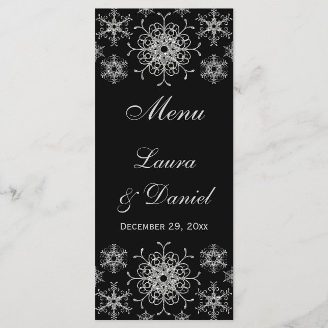 Cartão de Menu de Casamento Preto, Leve Silver Flo (Frente)