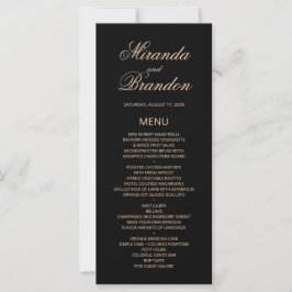 Cartão de Menu de Casamento Preto Monograma Dourad