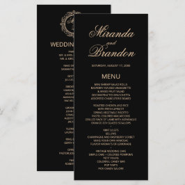 Cartão de Menu de Casamento Preto Monograma Dourad