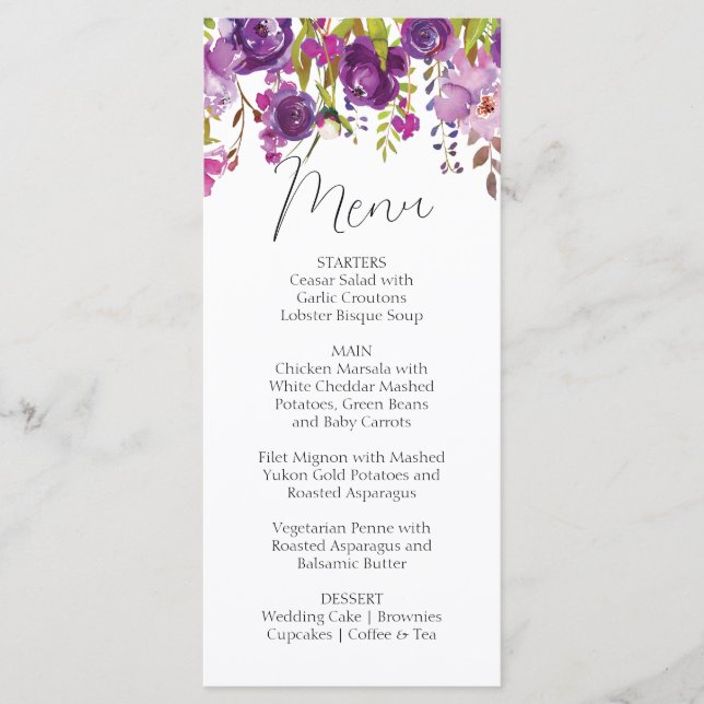 Cartão de Menu de Casamento Púrpura (Frente)