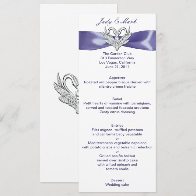 Cartão de Menu de Casamento Púrpura Blue Silver Sw (Frente/Verso)