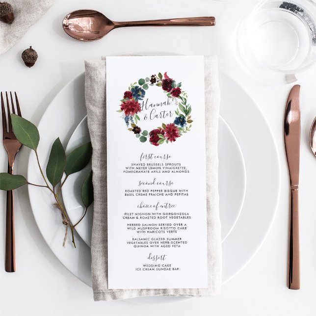 Cartão de Menu de Casamento Radiante Bloom Wreath (Criador carregado)