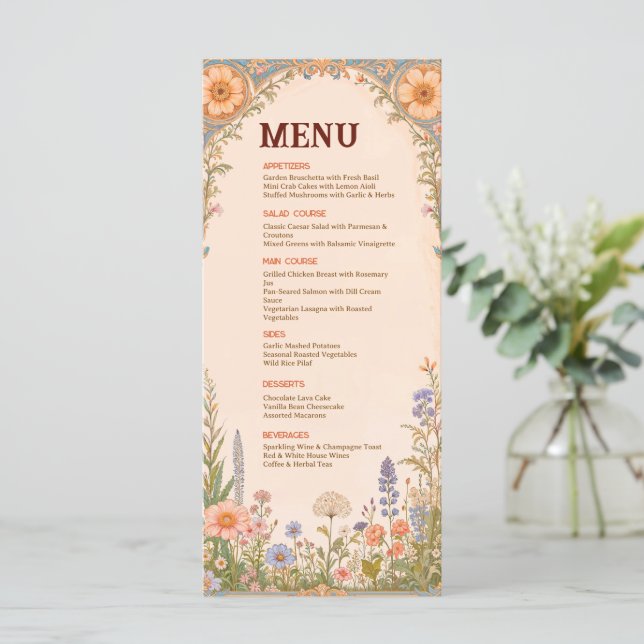 Cartão de Menu de Casamento Retro Chic (Em pé/Frente)