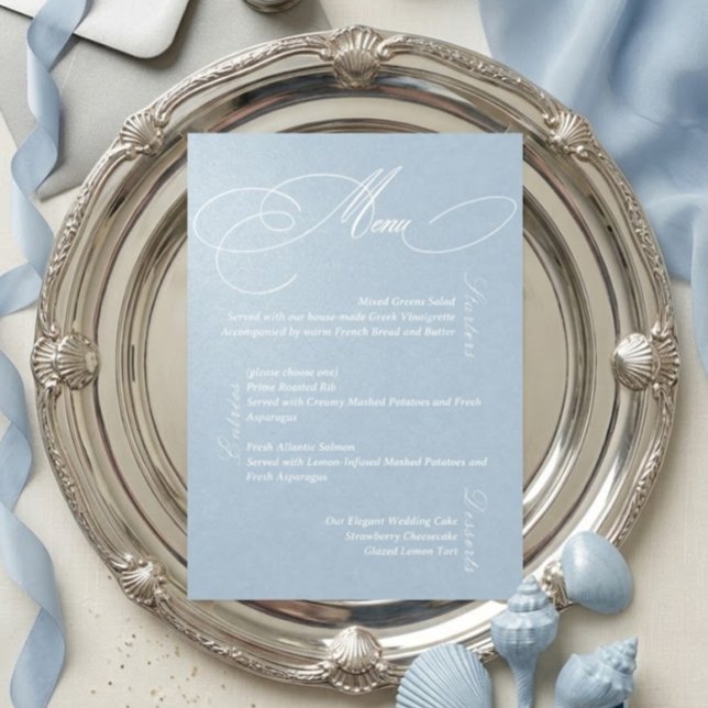 Cartão de Menu de Casamento Romântico Azul Empoeir (Criador carregado)