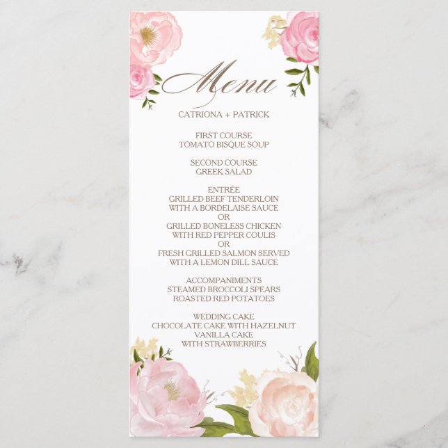 Cartão de Menu de Casamento Romântico das Flores d (Frente)