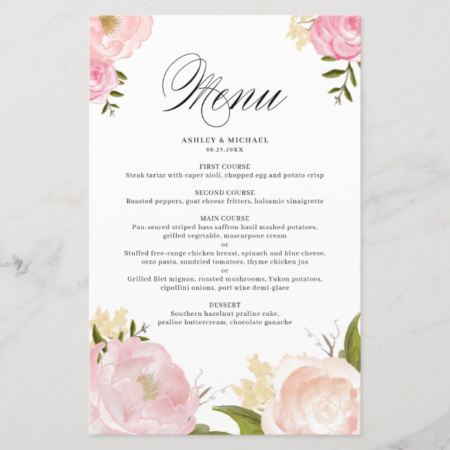 Cartão de Menu de Casamento Romântico das Flores d (Frente)