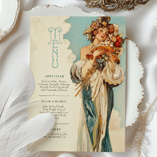 Cartão de Menu de Casamento Romântico de Arte Nouv