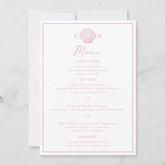 Cartão de Menu de Casamento Rosa Bege Concha (Frente)