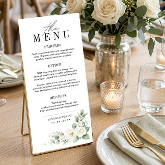 Cartão de Menu de Casamento Rosa Branca e Folhagen