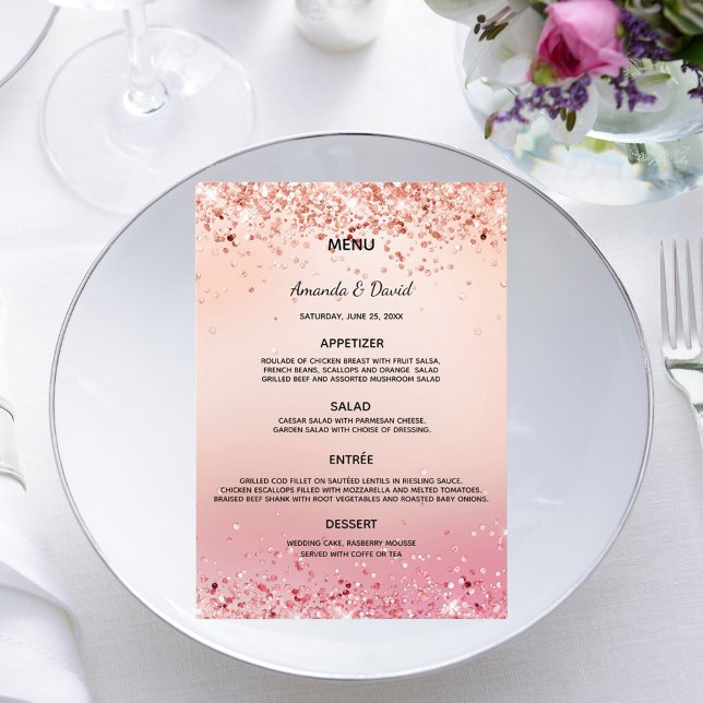 Cartão de menu de casamento rosa dourado (Criador carregado)