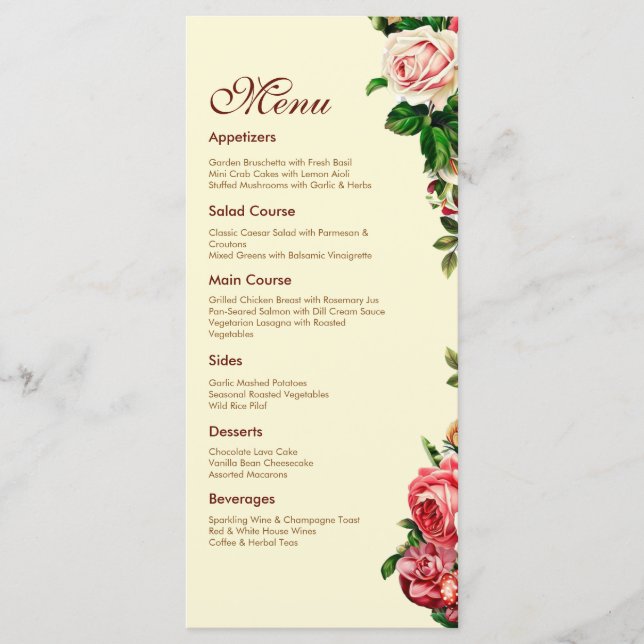 Cartão de Menu de Casamento Rosa Elegante (Frente)