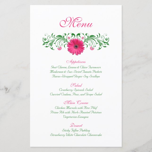 Cartão de Menu de Casamento Rosa Gerbera Daisy (Frente)