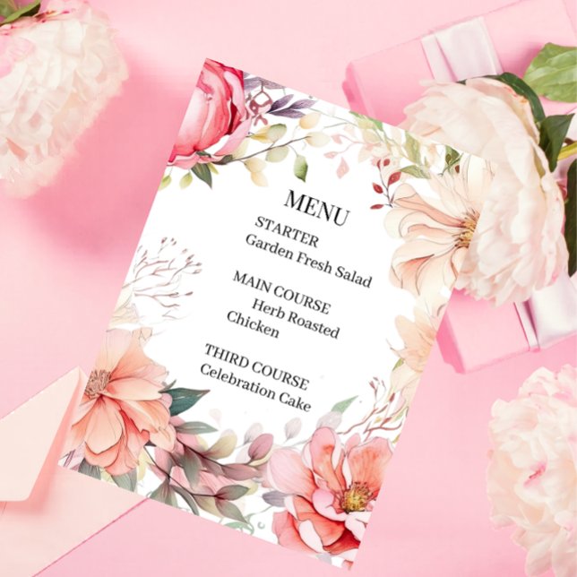 Cartão de Menu de Casamento Rosa Romântica (Criador carregado)