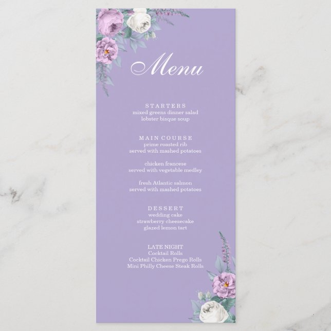 Cartão de Menu de Casamento Roxo da Lavanda Modern (Frente)
