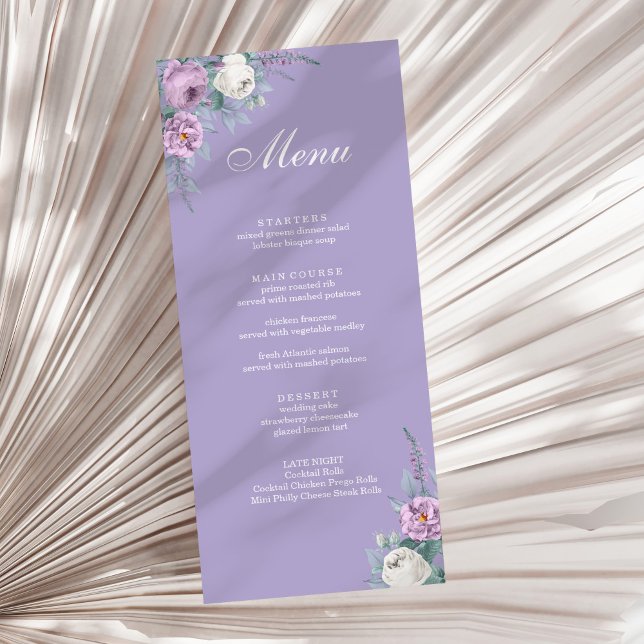Cartão de Menu de Casamento Roxo da Lavanda Modern (Modern Lavender Purple Wedding Menu Card on a sunny white dry palm leaf.)