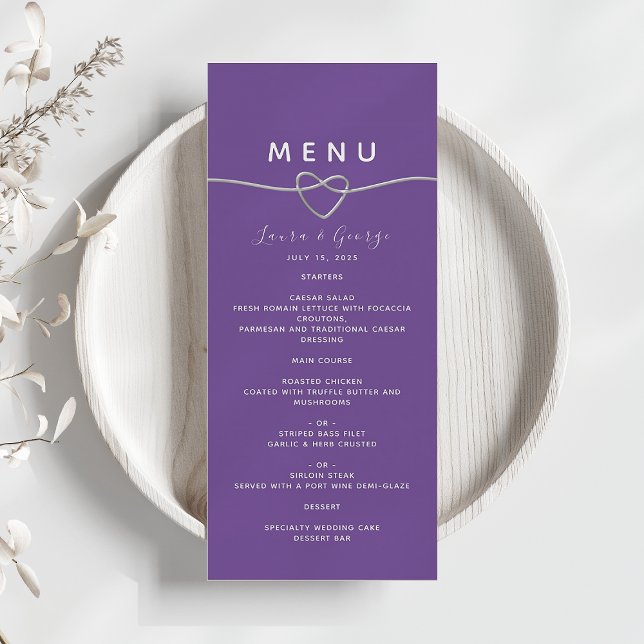 Cartão de Menu de Casamento Roxo Moderno (Criador carregado)
