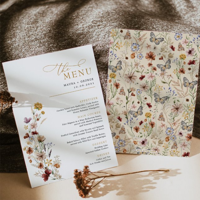 Cartão de Menu de Casamento Rustic Boho Wildflower (Criador carregado)