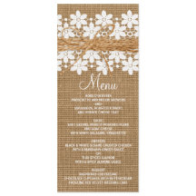 Cartão de Menu de Casamento Rustic Lace and Burlap