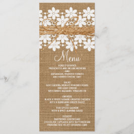 Cartão de Menu de Casamento Rustic Lace and Burlap