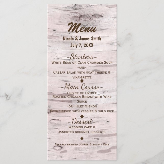 Cartão de Menu de Casamento Rústico Birch Tree & H (Frente)