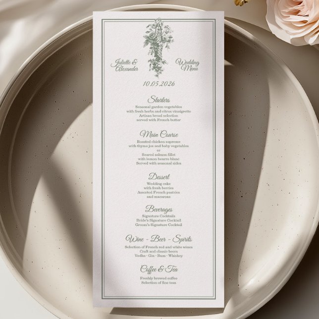 Cartão de Menu de Casamento Sage Gray Toile de Jou (Criador carregado)