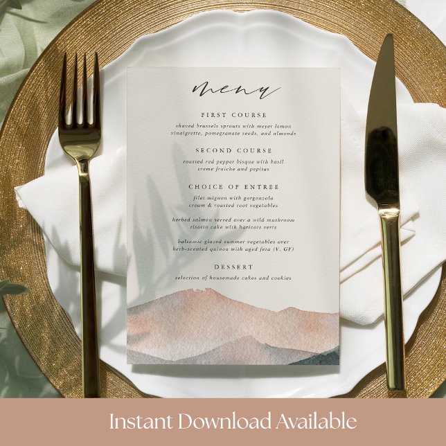 Cartão de Menu de Casamento Sierra Dusk Imprimível (Criador carregado)