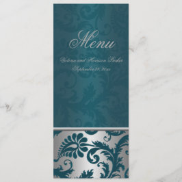 Cartão de Menu de Casamento Silver and Teal Damask