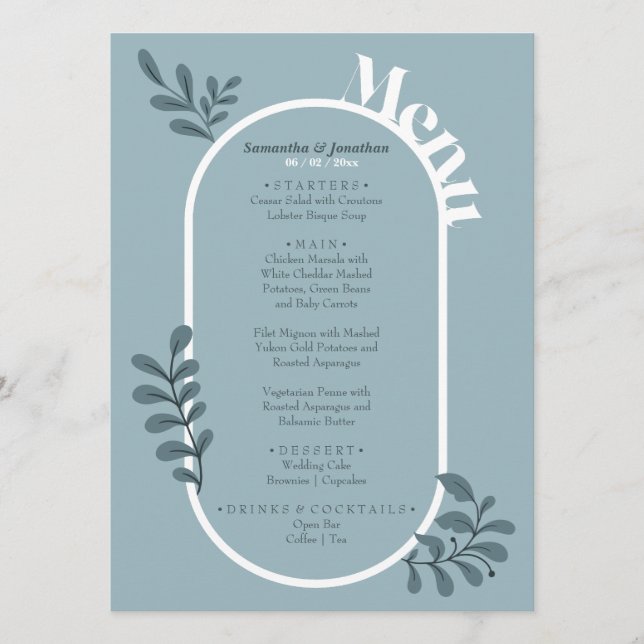Cartão de Menu de Casamento Simples Azul Rococó (Frente)