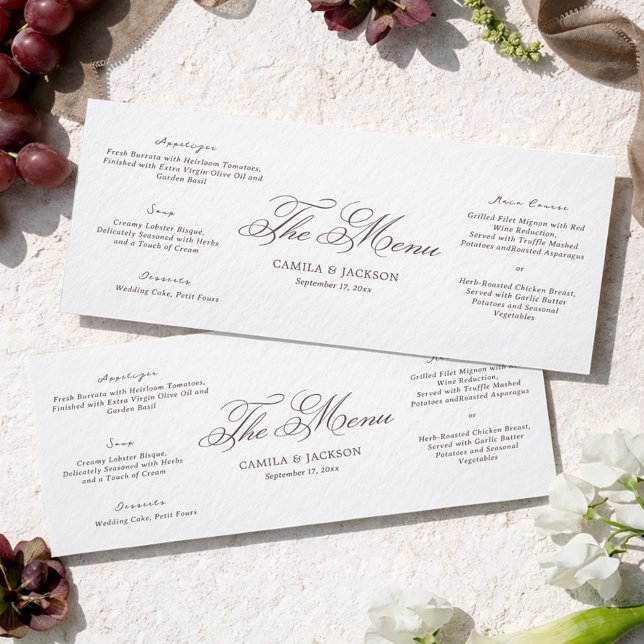 Cartão de Menu de Casamento Simples Branco e Marro (Criador carregado)