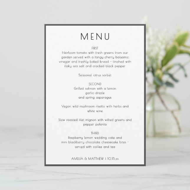 Cartão de Menu de Casamento Simples Branco Moderno (Em pé/Frente)