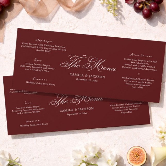 Cartão de Menu de Casamento Simples Burgundy de Di (Criador carregado)