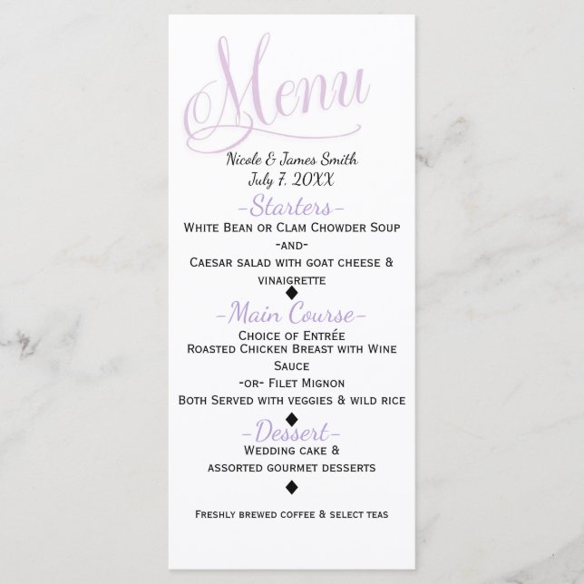 Cartão de Menu de Casamento Simples Elegante Lavan (Frente)