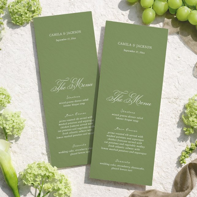 Cartão de Menu de Casamento Simples em Verde Oliva (Criador carregado)