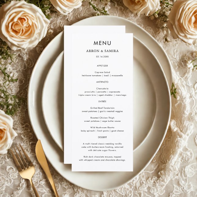 Cartão de Menu de Casamento Simples Moderno (Criador carregado)