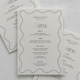 Cartão de Menu de Casamento Simples Ondulado Preto