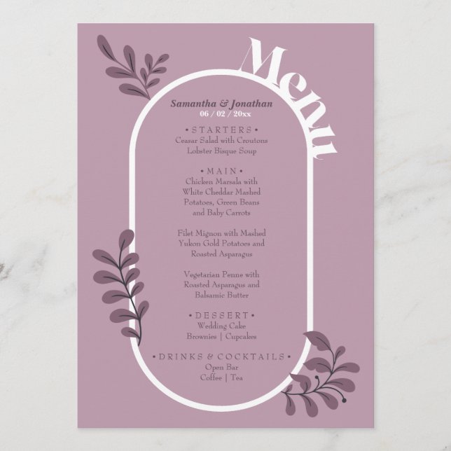 Cartão de Menu de Casamento Simples Rosa (Frente)