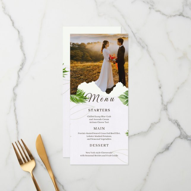 Cartão de Menu de Casamento Tropical Romântico (Frente/Verso In Situ)