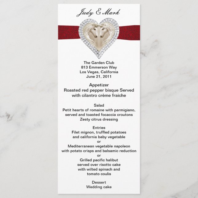 Cartão de Menu de Casamento Unicorn Red Lace (Frente)