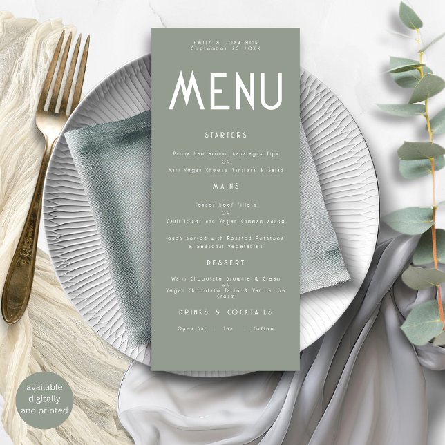 Cartão de Menu de Casamento Verde com Sage de Text (Criador carregado)