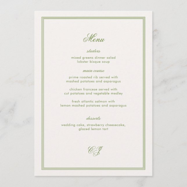 Cartão de Menu de Casamento Verde Dinheiro Antigo (Frente)