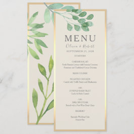 Cartão de Menu de Casamento Verde Dourado