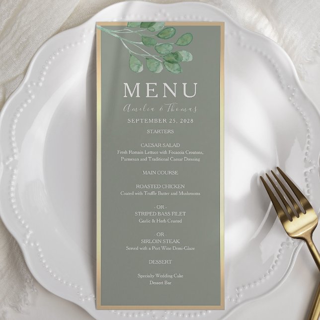 Cartão de Menu de Casamento Verde Eucalipto Rústic (Criador carregado)
