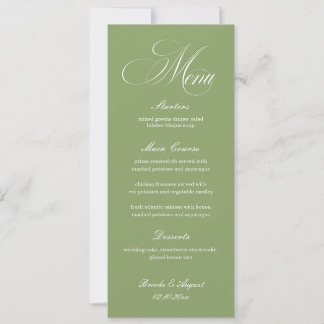 Cartão de Menu de Casamento Verde Sage (Frente)