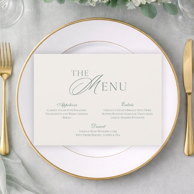 Cartão de Menu de Casamento Verde Sage Minimalista (Criador carregado)