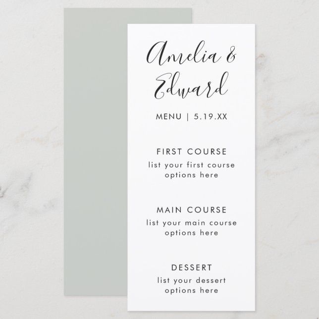 Cartão de Menu de Casamento Verde Sage Moderno Sim (Frente/Verso)