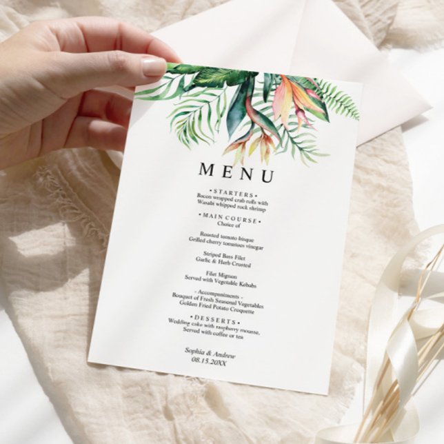 Cartão de Menu de Casamento Verde Tropical (Criador carregado)