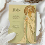 Cartão de Menu de Casamento Vintage Art Nouveau<br><div class="desc">Esta maravilhosa carta de cardápio do Art Nouveau, inspirada em Arte, combina matizes luxuosos com sotaques de creme suave e bege, criando um design elegante e eterno. A frente apresenta uma figura intricadamente detalhada com vestes fluentes, embelezamentos de ouros e um halo circular radiante decorado com padrões elaborados. O verso...</div>