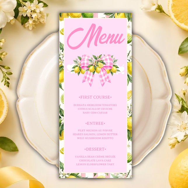 Cartão de Menu de Chá de Bebê com Laço Gingham Ros (Criador carregado)